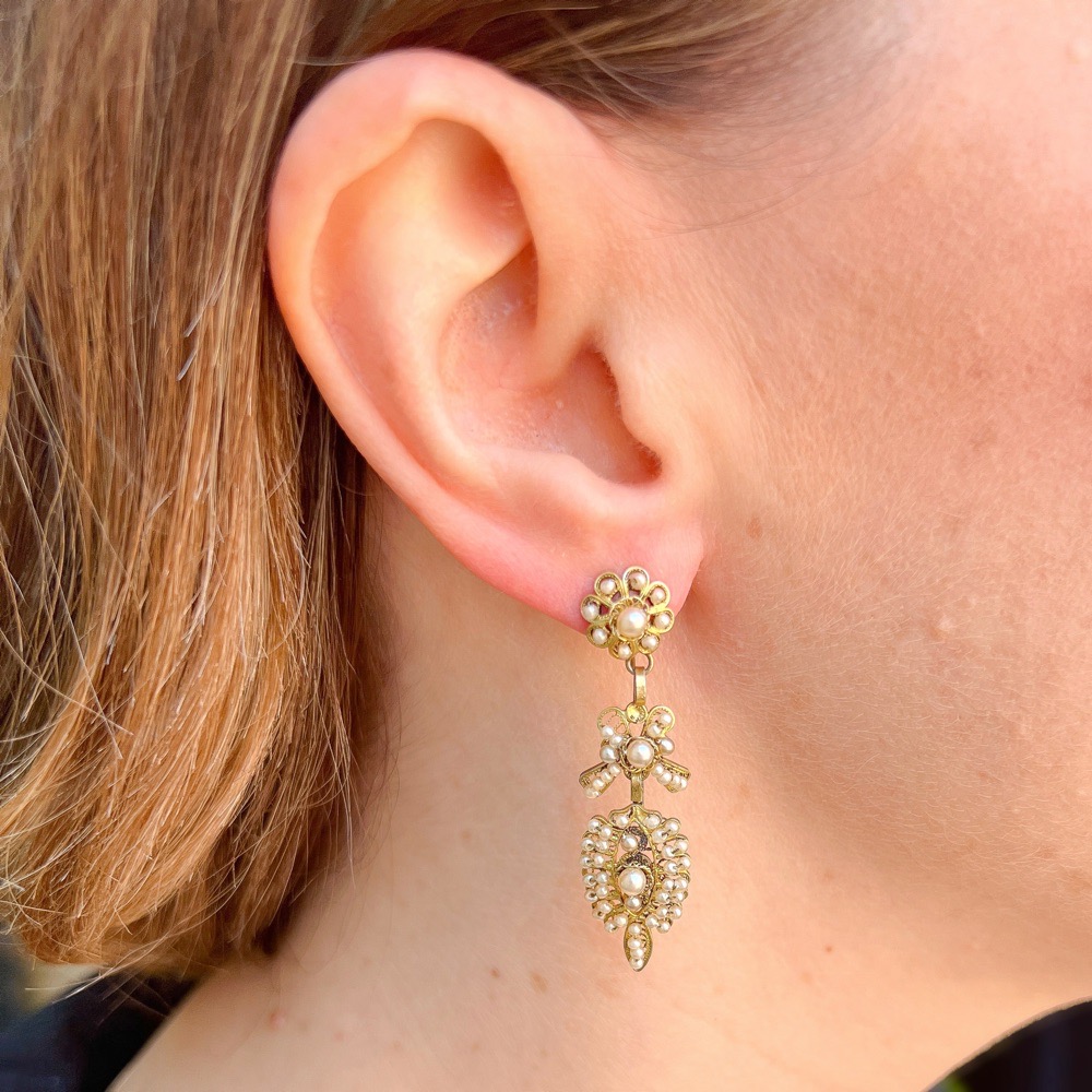 Edwardian c.1900 Silver Gilt and Seed Pearl Antique Drop Earrings